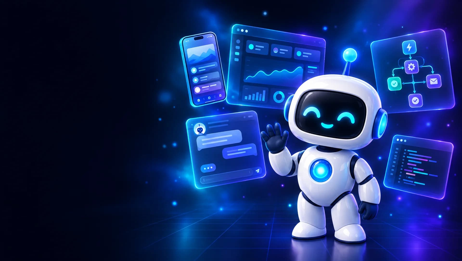 Friendly Autopreneur robot waving beside floating app, dashboard, chat and automation screens