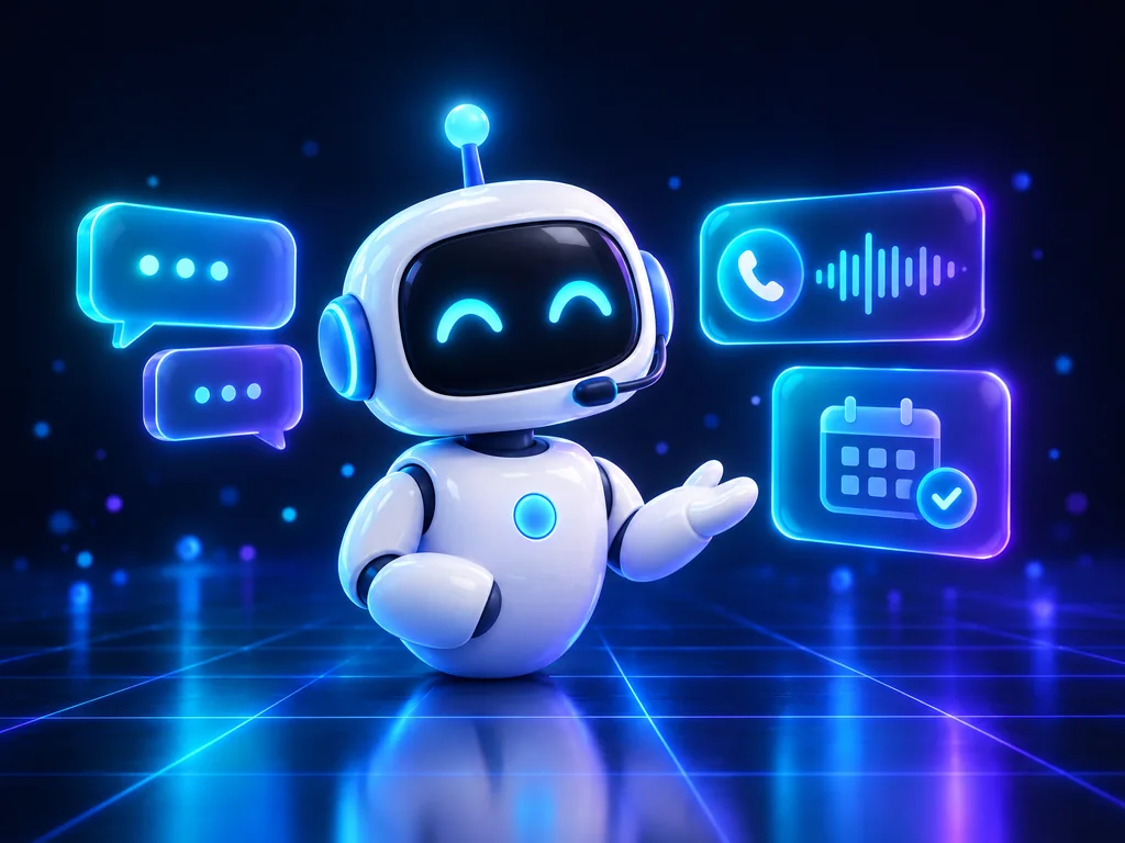 Robot assistant beside chat bubbles, a phone call and a booked calendar slot