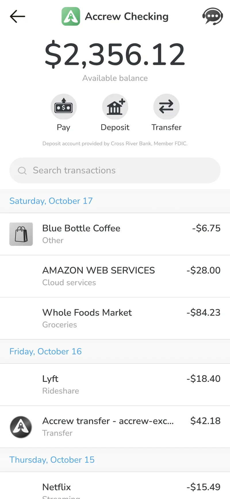 Fintech Banking App (iOS & Android) — Checking Transactions screen