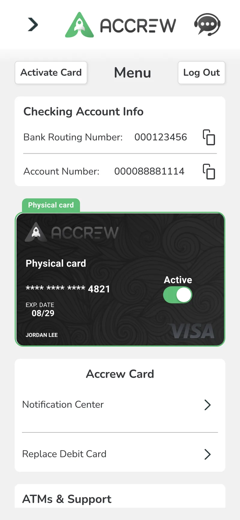 Fintech Banking App (iOS & Android) — Menu and Card screen