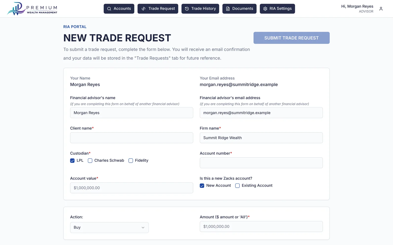 Wealth Advisor Portfolio Platform — Trade Request screen