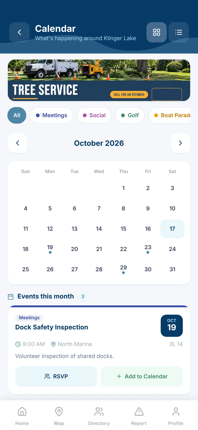 Lake Association Community App — Calendar screen