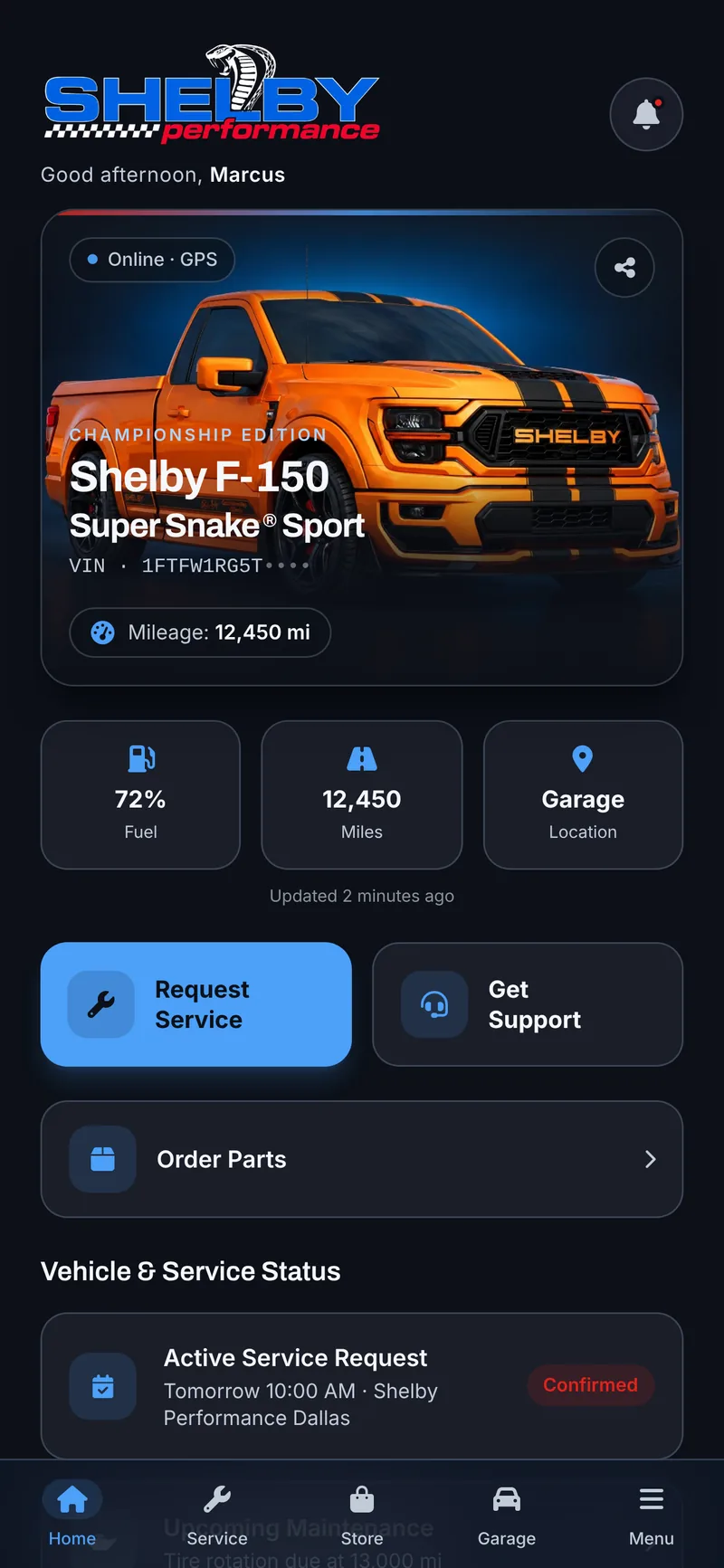 Performance-Vehicle Owner App with 3D Configurator — Home screen