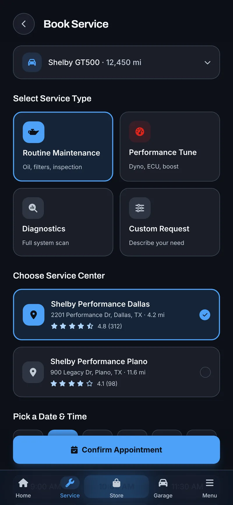 Performance-Vehicle Owner App with 3D Configurator — Book Service screen