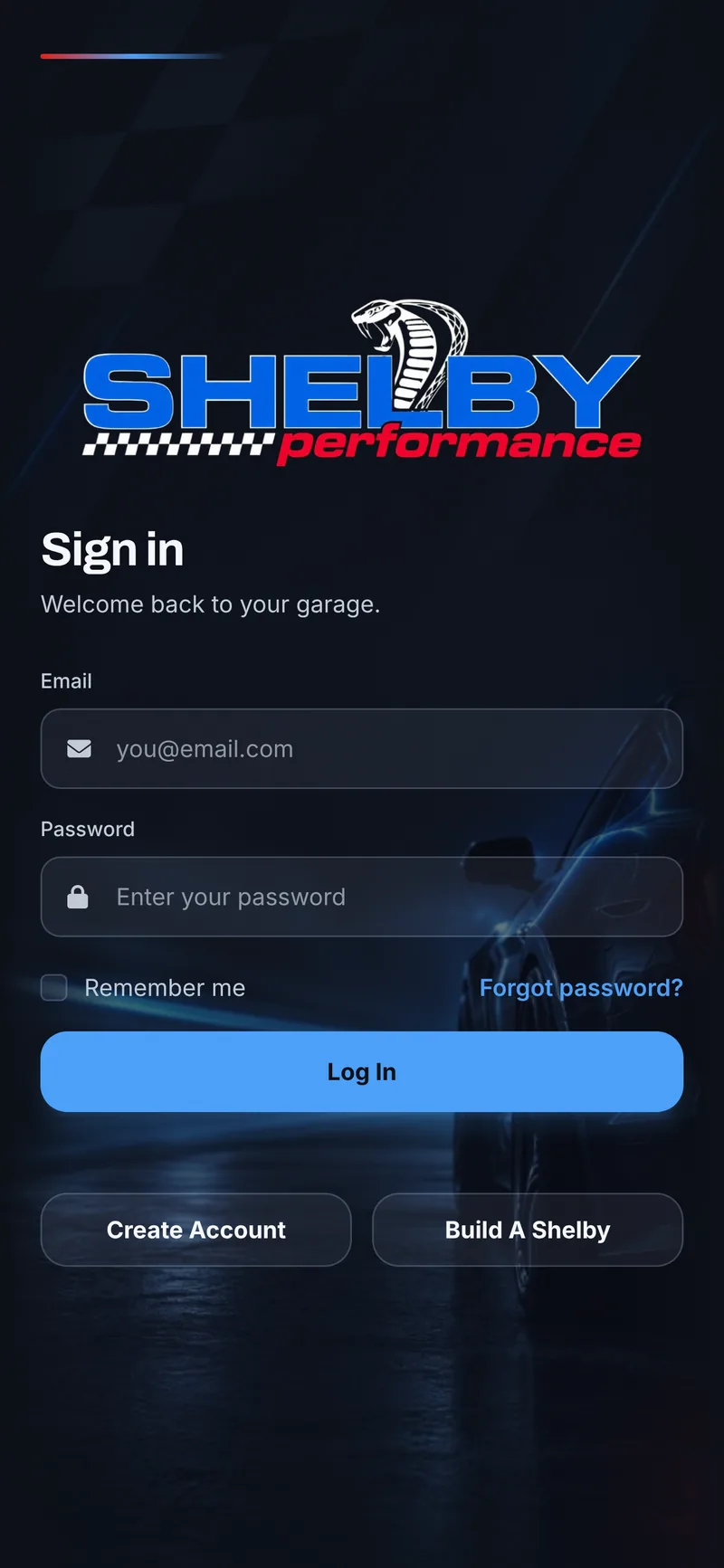 Performance-Vehicle Owner App with 3D Configurator — Sign In screen